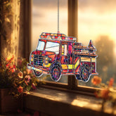 Fire Truck Acrylic Suncatcher, Stained Glass Style Red Emergency Vehicle Window Hanging, Firefighter Home Decor Gift for Kids and Adults